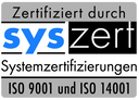 Siegel: Zertifiziert durch syszert Systemzertifizierungen (ISO 9001 und ISO 14001)